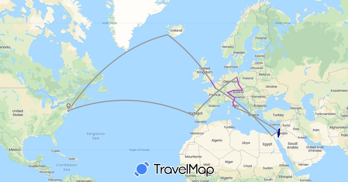 TravelMap itinerary: driving, plane, train in Austria, Switzerland, Czech Republic, Germany, Egypt, France, United Kingdom, Israel, Iceland, Italy, Jordan, Portugal, United States (Africa, Asia, Europe, North America)